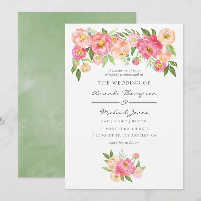 Convite de Casamento Peônias Aquarela Primavera (Frente/Verso)