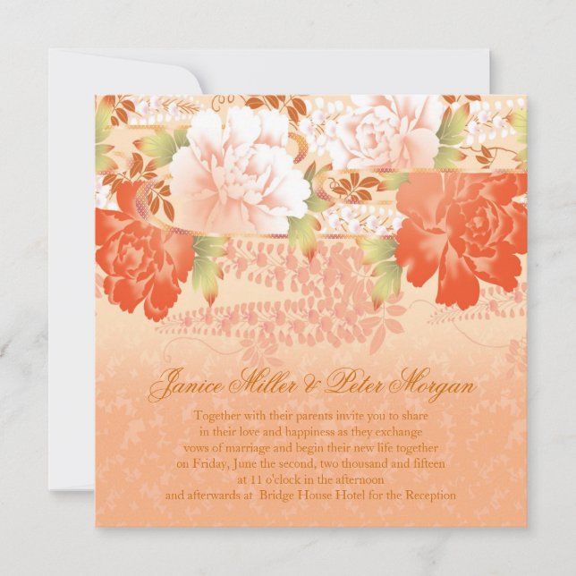 Convite de casamento peônias creme vermelhas (Frente)