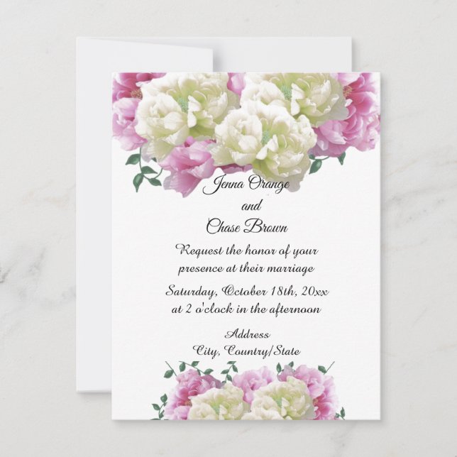 Convite de Casamento Peônias Rosa e Marfim (Frente)