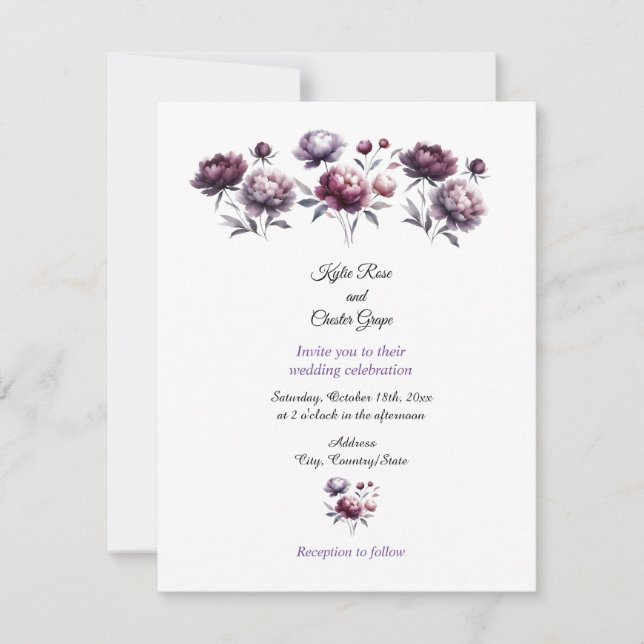 Convite de Casamento Peônias Roxas Minimalista (Frente)