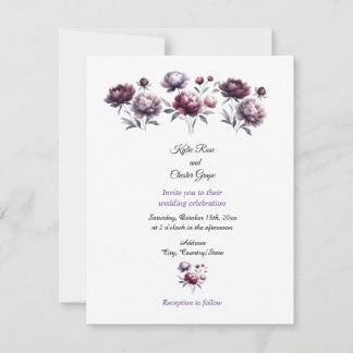 Convite de Casamento Peônias Roxas Minimalista