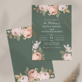 Convite de Casamento Peônias Verde Salvia Boêmio