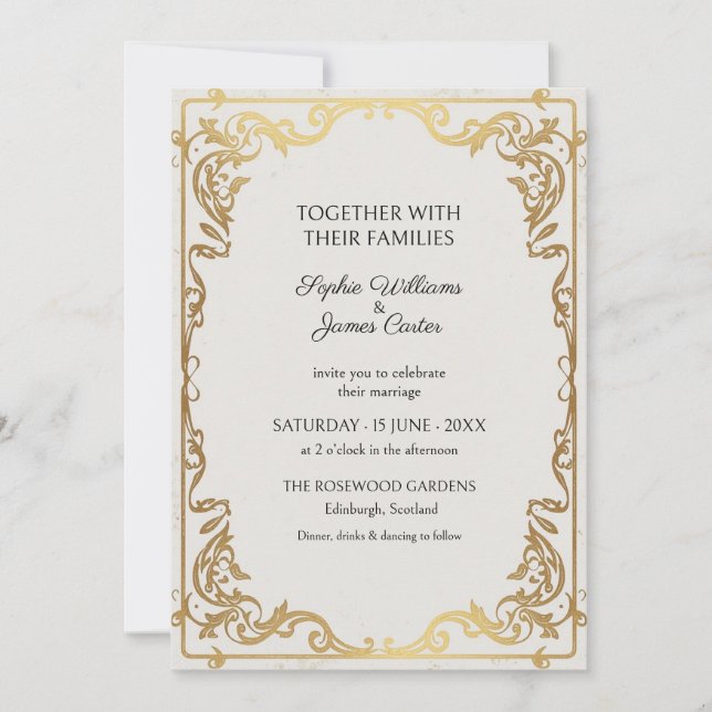 Convite de Casamento Pergaminho Rococó em Ouro Bra (Frente)