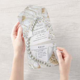 Convite de Casamento Pérolas Marfim-Verde-Dourado