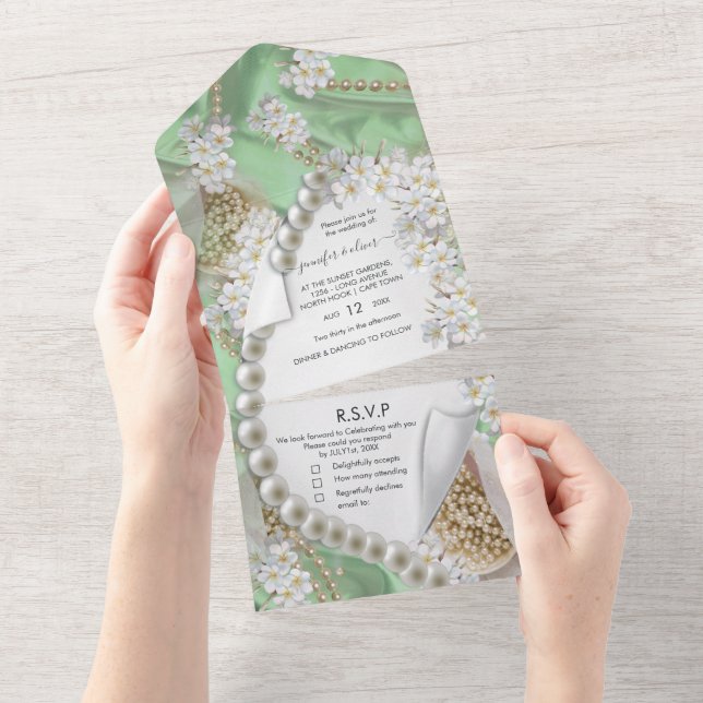Convite de Casamento Pérolas Marfim-Verde-Dourado  (Tearaway)