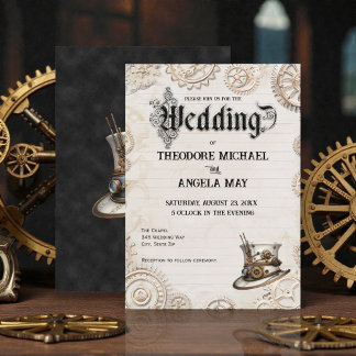 Convite de Casamento Personalizado Bege Steampunk