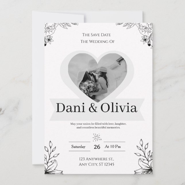 Convite de Casamento Personalizado Clássico Preto  (Frente)
