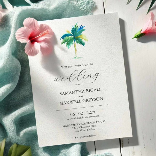 Convite de Casamento Personalizado com Árvore Palm (Beach weddings in Florida wedding invitations personalized with your info & original watercolor art)