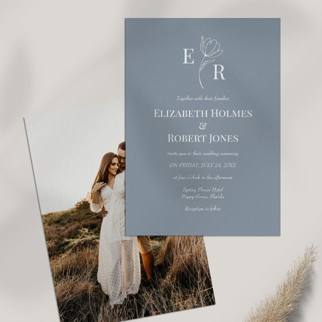 Convite de Casamento Personalizado com Foto e Mono (Dusty Blue Floral Monogram Custom Photo Wedding Invitation on white table with dry wildflower.)