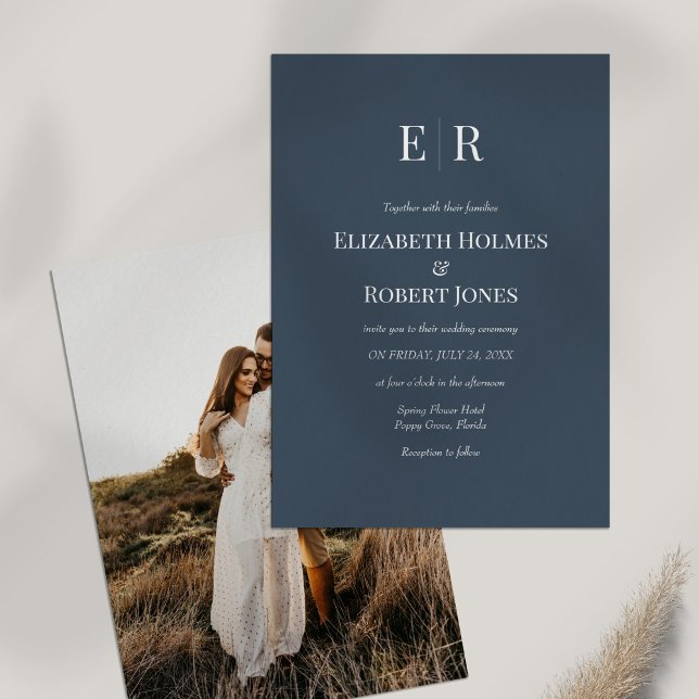 Convite de Casamento Personalizado com Foto Monogr (Slate Blue Monogram Custom Photo Wedding Invitation on white table with dry wildflower.)