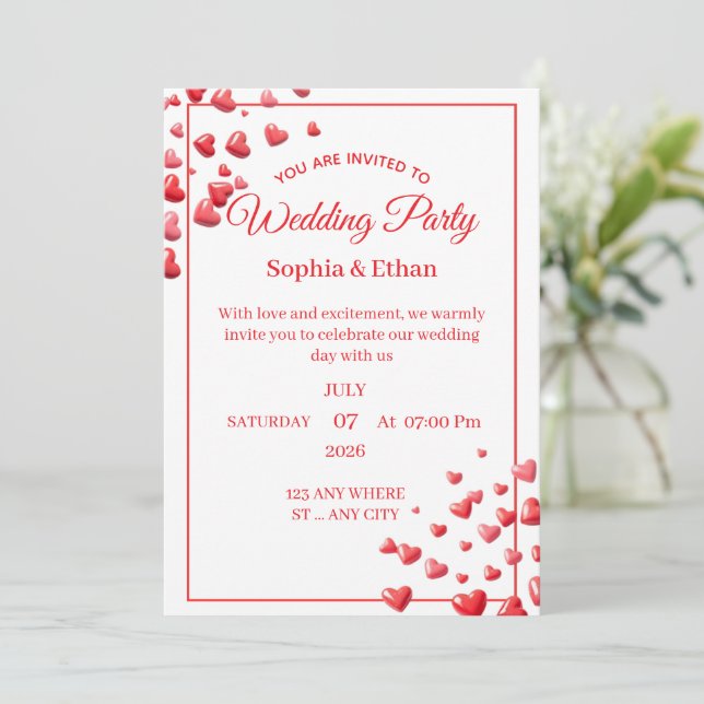 Convite de Casamento Personalizado Coração Rosa (Em pé/Frente)