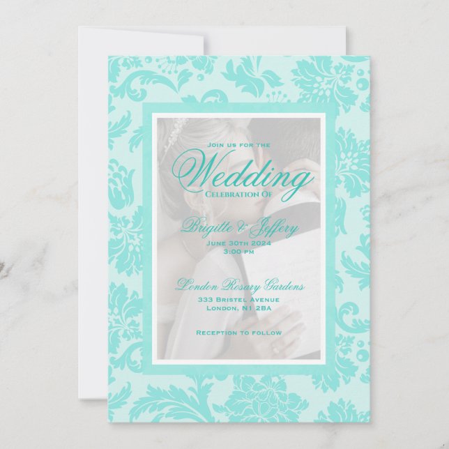 Convite de casamento personalizado dama damasco az (Frente)