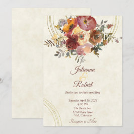 Convite de casamento personalizado floral e dourad