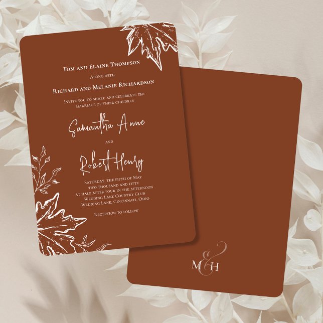 Convite de Casamento Personalizado Outono  (Burgundy wedding invitation with fall leaves. )
