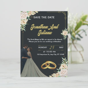 Convite de Casamento Personalizado Preto Dourado F