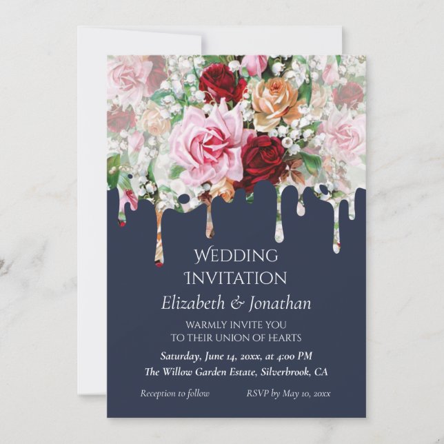 Convite de Casamento Personalizável Rosas em Azul (Frente)