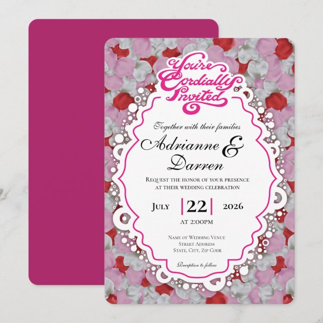Convite de Casamento Pétala de Rosa 1 com Letras R (Frente/Verso)