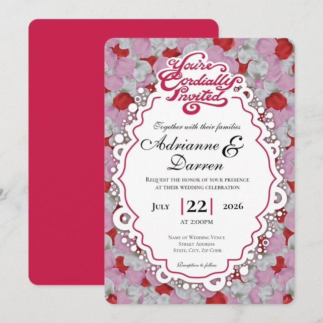 Convite de Casamento Pétala de Rosa 1 com Letras V (Frente/Verso)