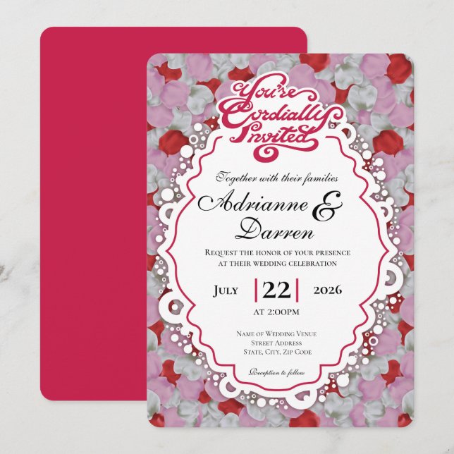 Convite de Casamento Pétala de Rosa 1 com Letras V (Frente/Verso)