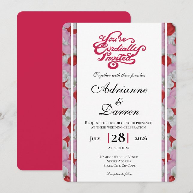 Convite de Casamento Pétala de Rosa 3 com Letras V (Frente/Verso)
