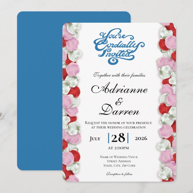 Convite de Casamento Pétala de Rosa 4 com Letras A (Frente/Verso)