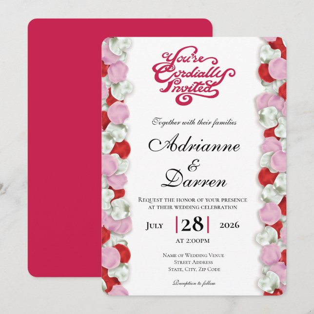 Convite de Casamento Pétala de Rosa 4 com Letras V (Frente/Verso)
