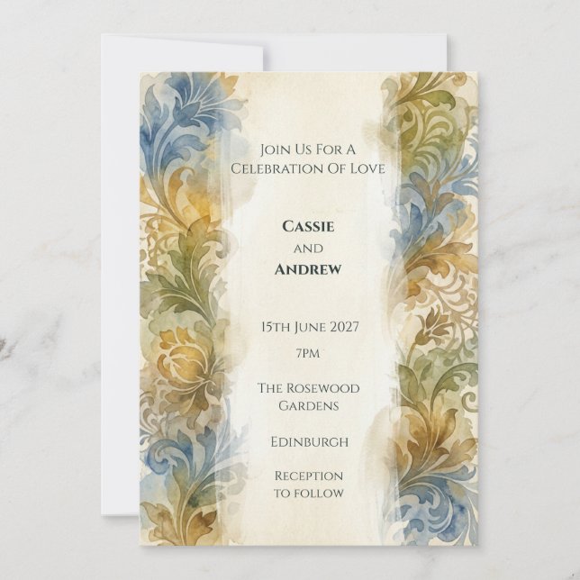 Convite de Casamento Pintado à Mão em Damasco Vint (Frente)