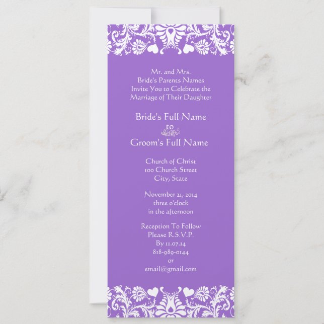 Convite de Casamento Plum Damask Swirls (Frente)