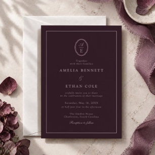 Convite de Casamento Plum Noir Monogram Estate