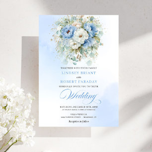 Convite de Casamento Poeira Azul Branco Peônia Boê