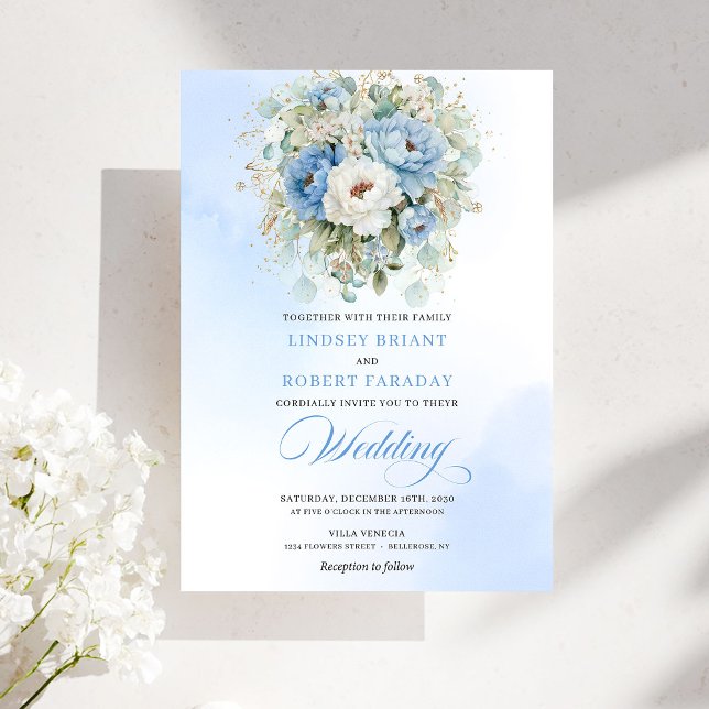 Convite de Casamento Poeira Azul e Branco Peônia T (Trendy Dusty Blue White Peony Wedding Invitation)