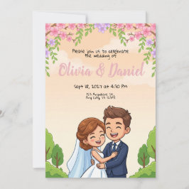 Convite de Casamento Pôr do Sol de Casal de Desenh