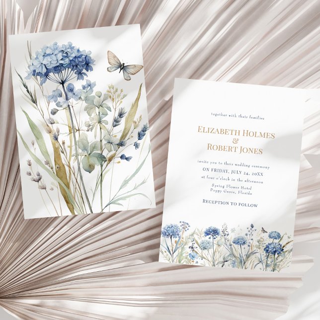 Convite de Casamento Prado Botânico Azul (French Blue Watercolor Garden Wildflowers Wedding Invitation on a sunny boho neutral dry palm leaf.)