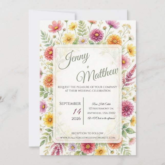 Convite de Casamento Prado de Flores Silvestres (Frente)