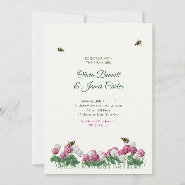 Convite de Casamento Prado de Trevo e Abelhas (Frente)