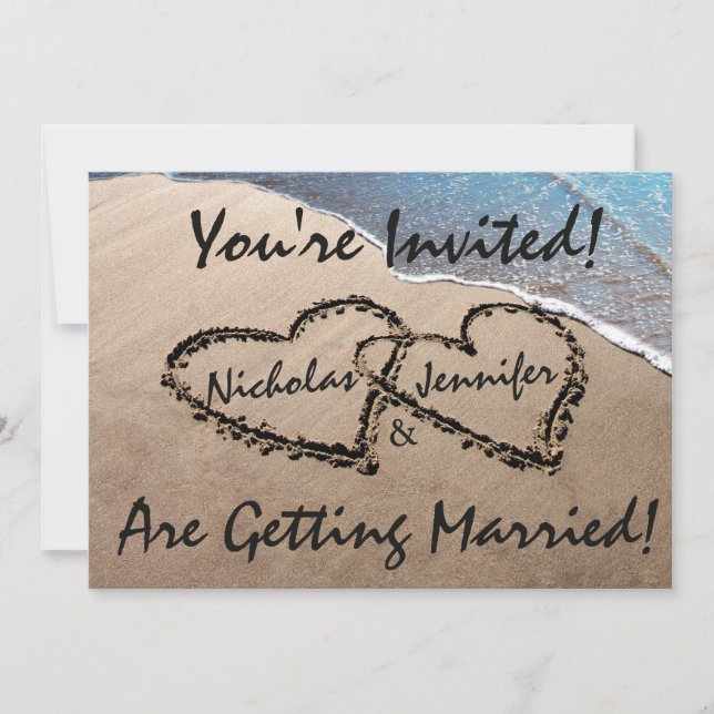 Convite de Casamento Praia Dois Corações Na Areia (Frente)