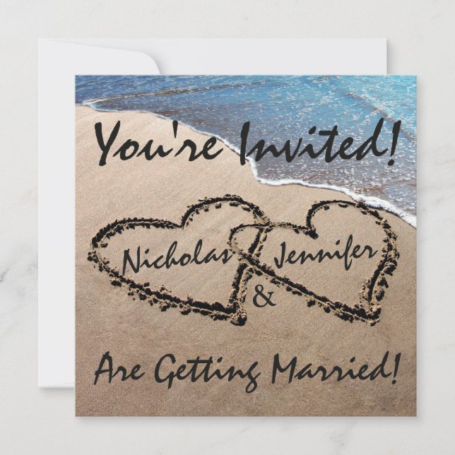 Convite de Casamento Praia Dois Corações Na Areia (Frente)
