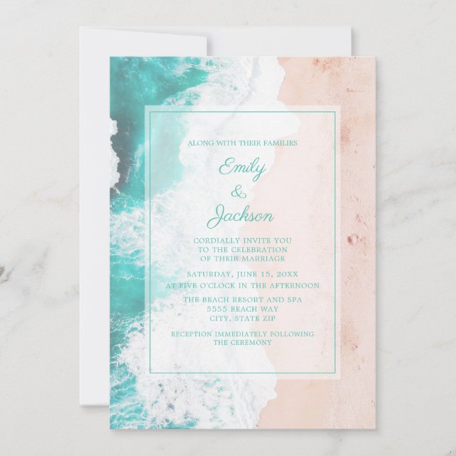 Convite de Casamento Praia Oceano Tropical Turques (Frente)