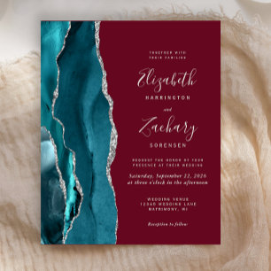 Convite de Casamento Prata Ágata Burgundy Teal Orç