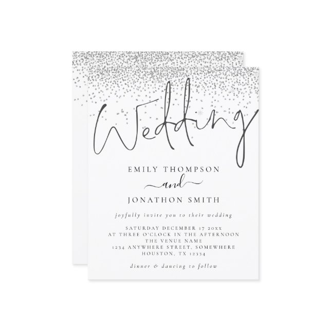 Convite de Casamento Prata Brilho Moderno Orçament (Frente/Verso In Situ)