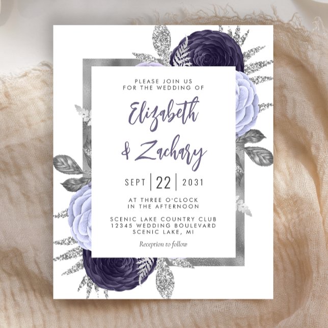 Convite de Casamento Prata com Floral em Pó Roxo O (Criador carregado)
