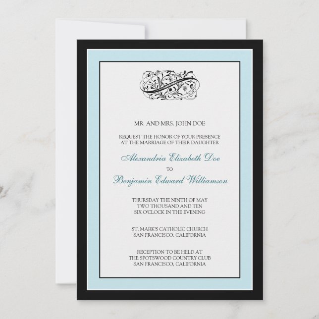 Convite de casamento preto/azul 5 x 7 elegante (Frente)