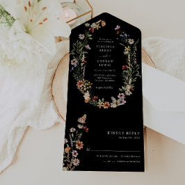 Convite de Casamento Preto Boho Floral Tudo em Um