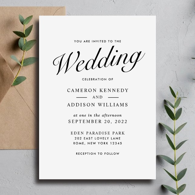 Convite de Casamento Preto + Branco em Script Mode (Elegant Modern Script Black + White Wedding Invite)
