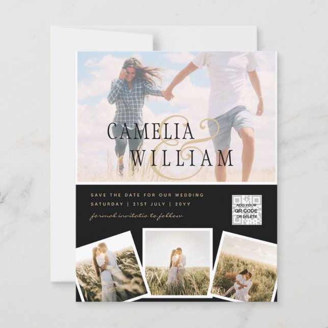 Convite de casamento preto branco FOTO CÓDIGO QR C (Frente)