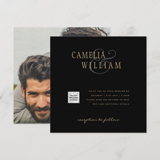 Convite de casamento preto branco FOTO CÓDIGO QR C (Frente/Verso)