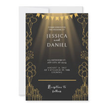 Convite de Casamento Preto Bunting Holofote Dourad