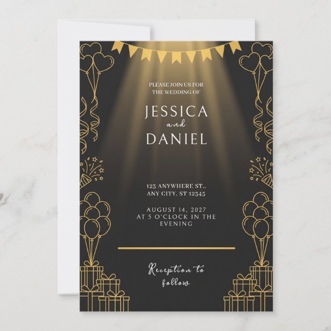 Convite de Casamento Preto Bunting Holofote Dourad (Frente)