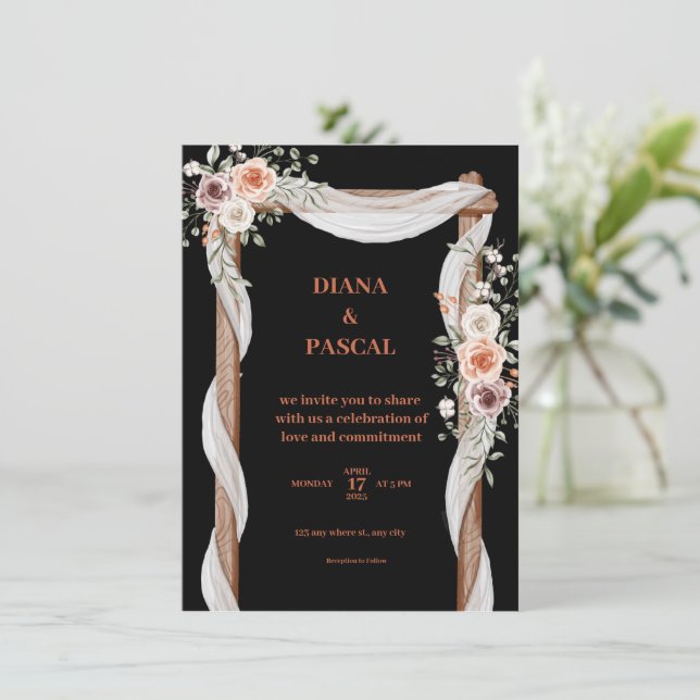Convite de casamento preto, castanho e rosa (Em pé/Frente)