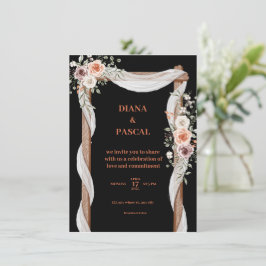 Convite de casamento preto, castanho e rosa